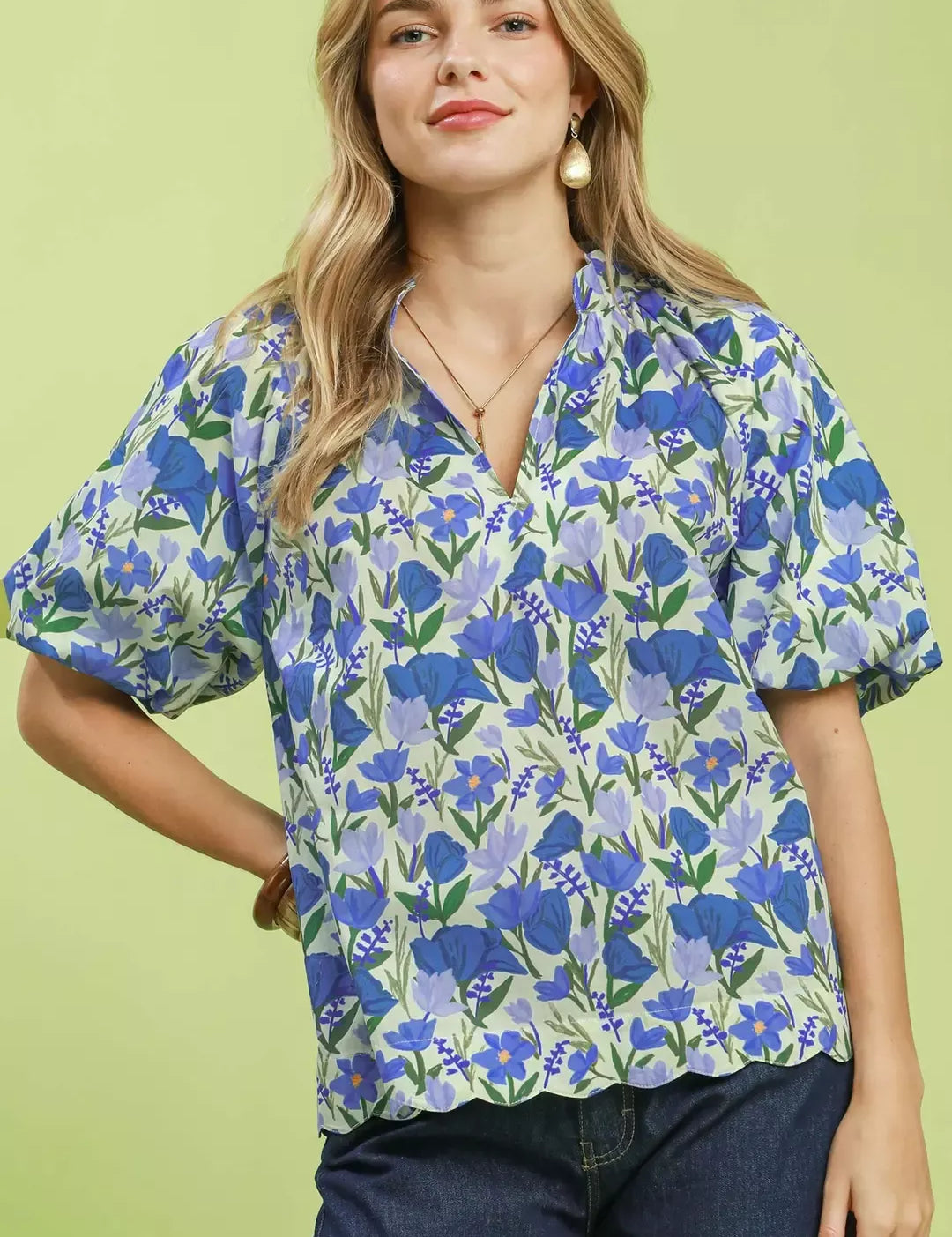 UMGEE Floral Puff Sleeve Blouse with Scalloped Details on Simply Obsessed