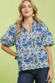 UMGEE Floral Puff Sleeve Blouse with Scalloped Details on Simply Obsessed