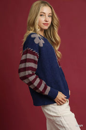 Umgee Flower Jacquard Striped Long Sleeve Sweater on Simply Obsessed