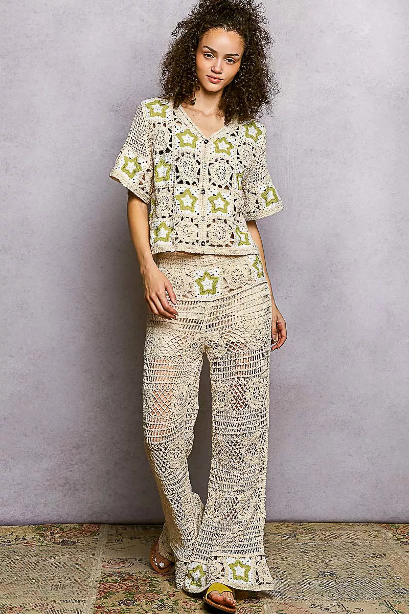 POL Openwork Crochet Flare Pants with Contrast Star on Simply Obsessed