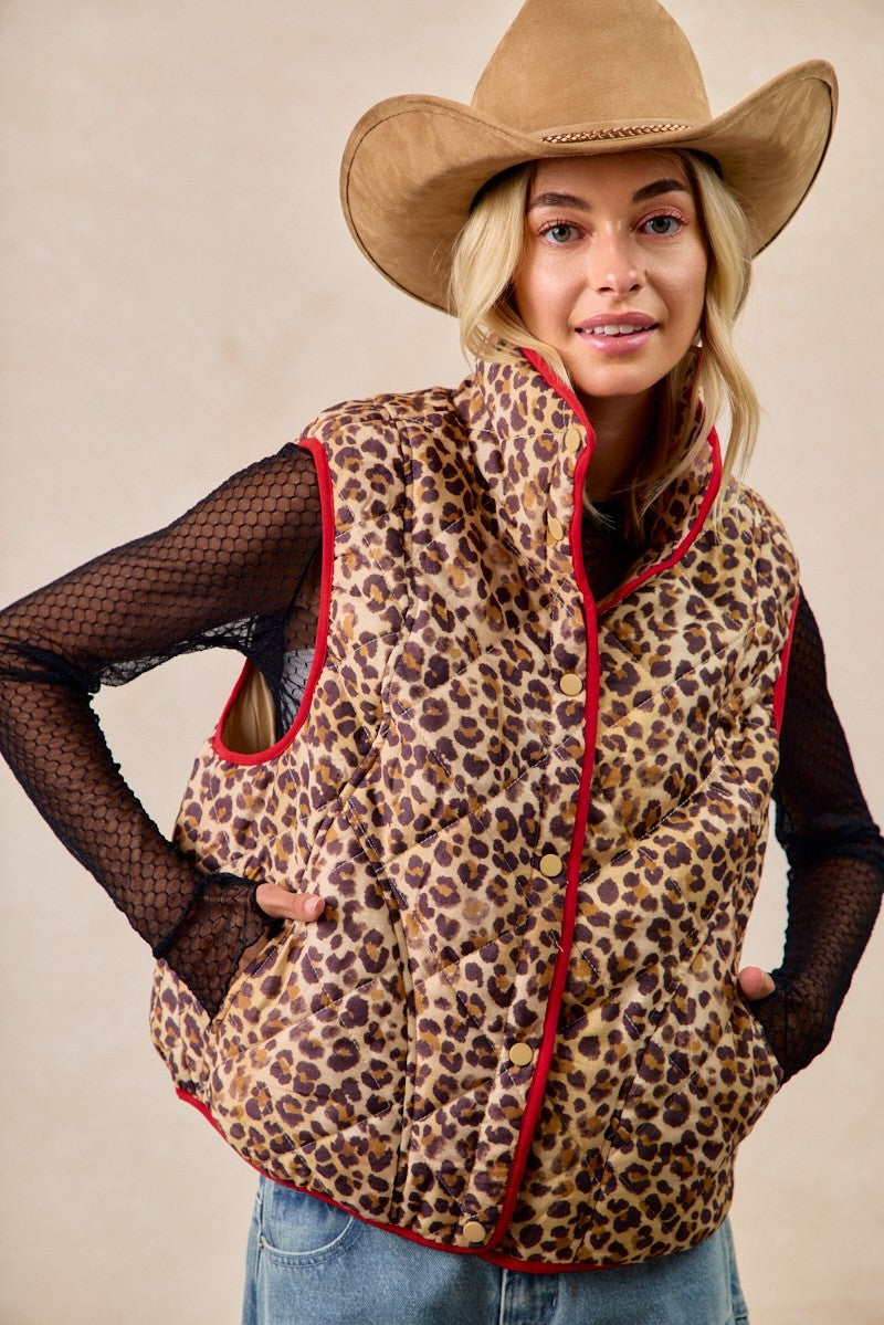 BIBI Leopard Print Piping Detail Quilted Vest on Simply Obsessed