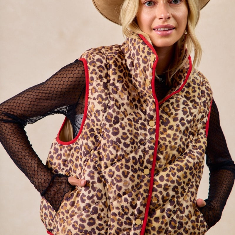 BIBI Leopard Print Piping Detail Quilted Vest on Simply Obsessed