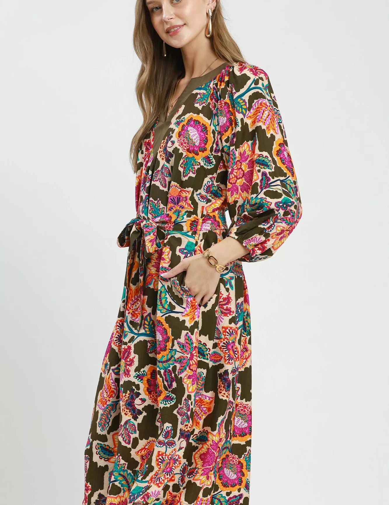 UMGEE Abstract Print Embroidered Belted Midi Dress on Simply Obsessed