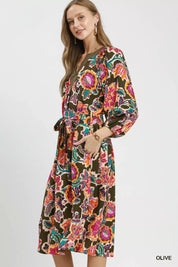 UMGEE Abstract Print Embroidered Belted Midi Dress on Simply Obsessed