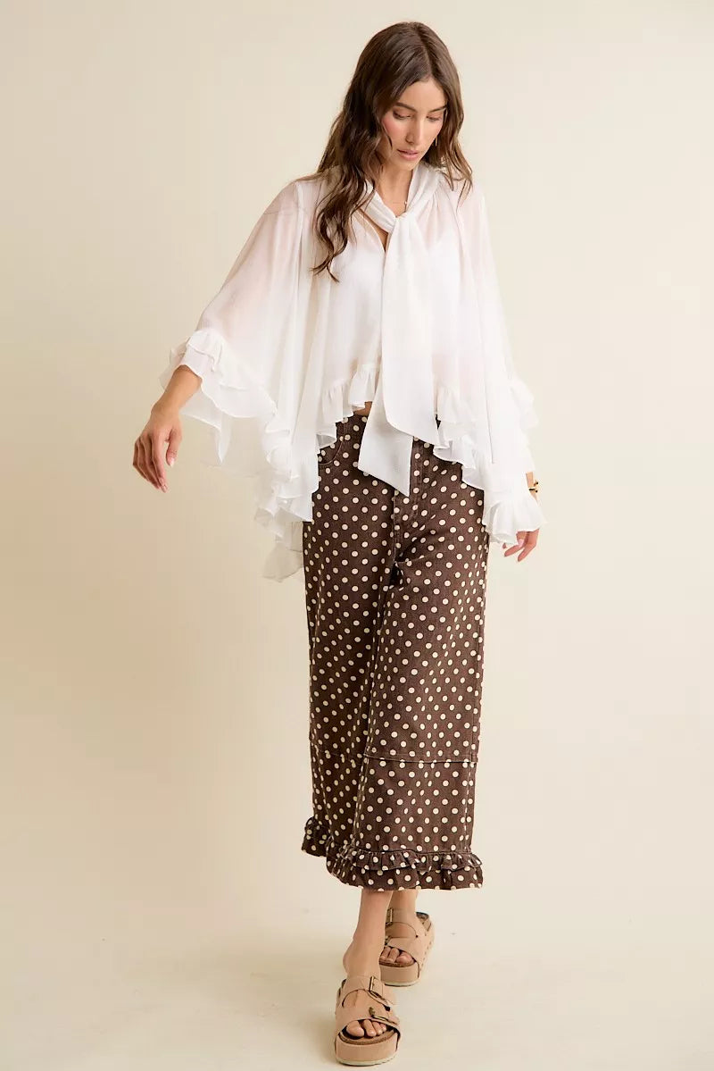 SO ME Sheer Ruffle Bell Sleeves Bow Tie Flowy Blouse Top on Simply Obsessed