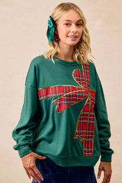 BIBI Plaid Ribbon Bow Detail Christmas Fleece Pullover on Simply Obsessed