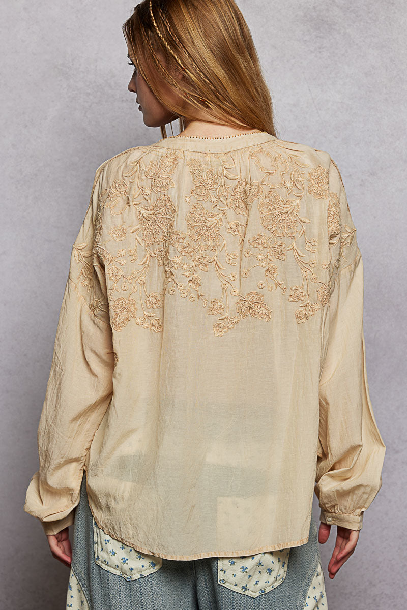 POL Embroidery Button Down Long Sleeve Washed Shirt on Simply Obsessed