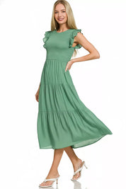 Zenana Woven Smocked Ruffle Sleeve Midi Dress on Simply Obsessed
