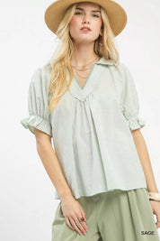 Umgee Pinstripe V-Neck Ruffle Sleeve Blouse on Simply Obsessed