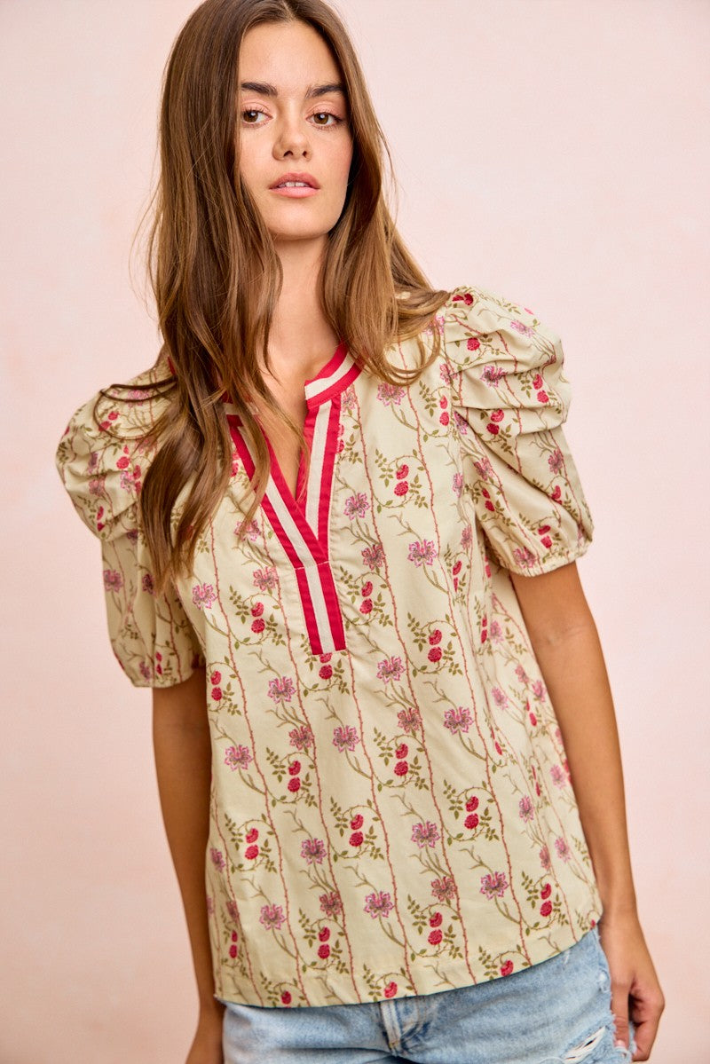 BIBI Floral Gather Sleeves Contrast Neckband Blouse Top on Simply Obsessed