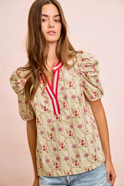 BIBI Floral Gather Sleeves Contrast Neckband Blouse Top on Simply Obsessed