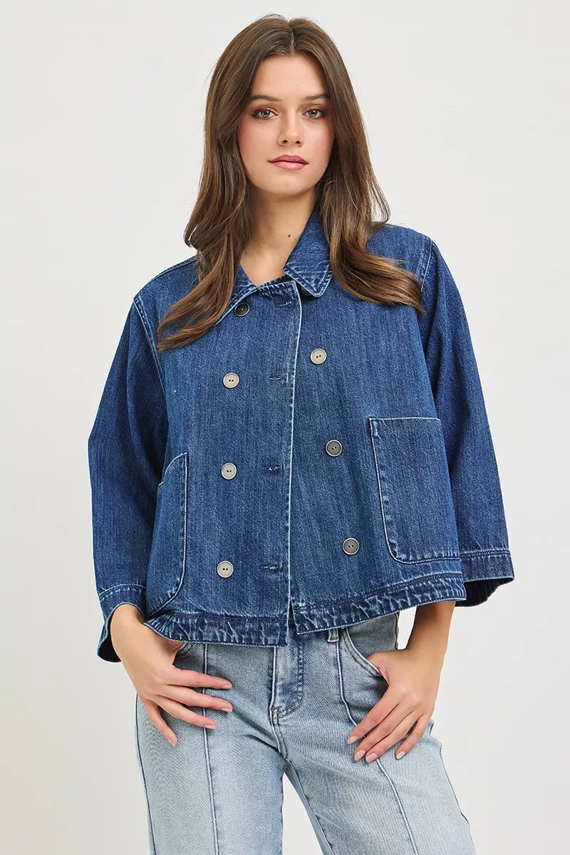 RISEN Double-Breasted Flowy Cropped Denim Jacket on Simply Obsessed