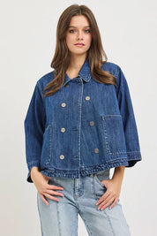 RISEN Double-Breasted Flowy Cropped Denim Jacket on Simply Obsessed