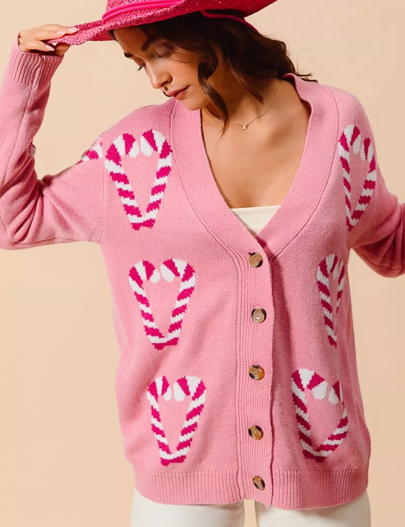SO ME Christmas Candy Cane Button Front Sweater Cardigan on Simply Obsessed