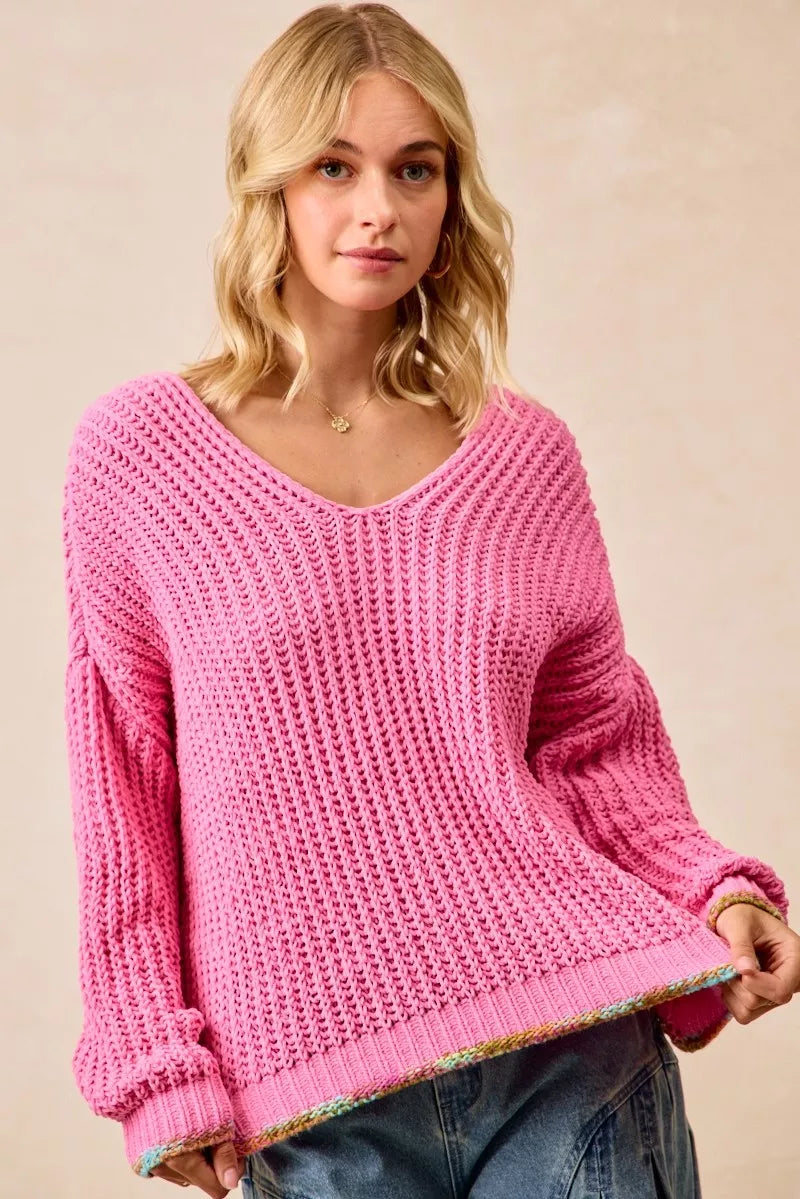 BiBi V-Neck Sweater with Colorful Trim on Simply Obsessed