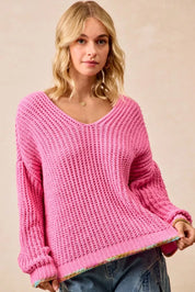 BiBi V-Neck Sweater with Colorful Trim on Simply Obsessed
