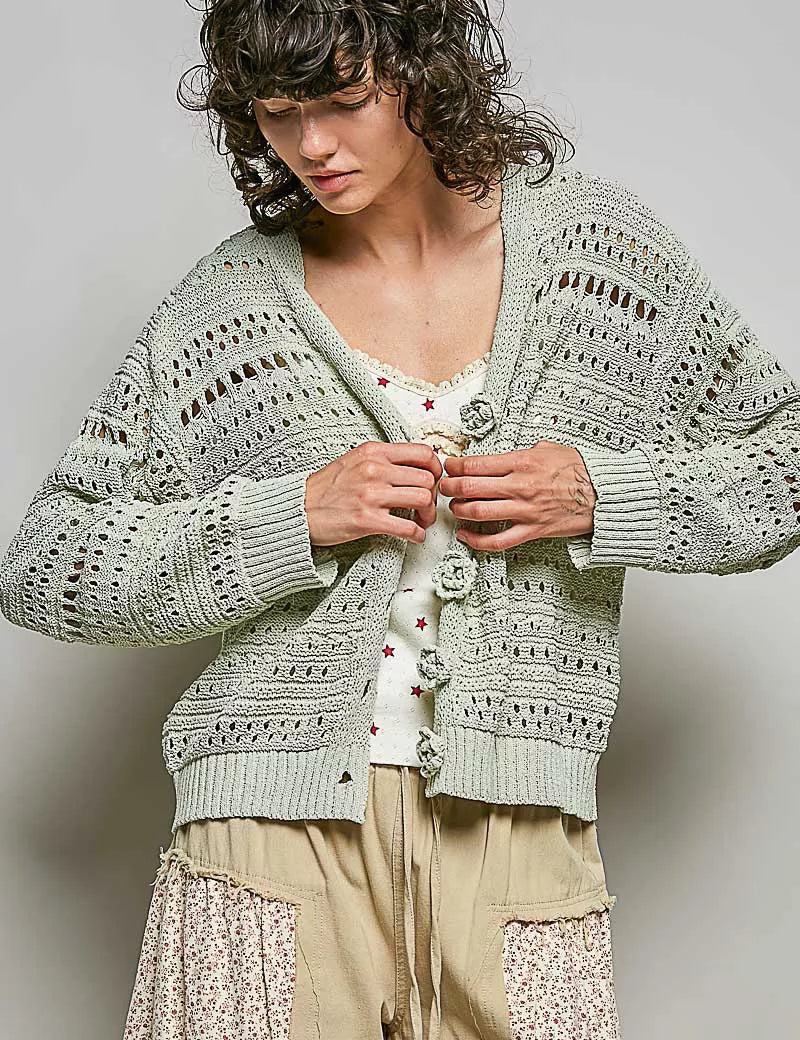 POL Open-Knit Floral Button Cardigan on Simply Obsessed