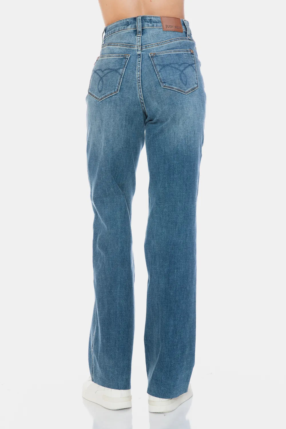 JUDY BLUE Full Size Tummy Control Cut Raw Hem Straight Jeans on Simply Obsessed