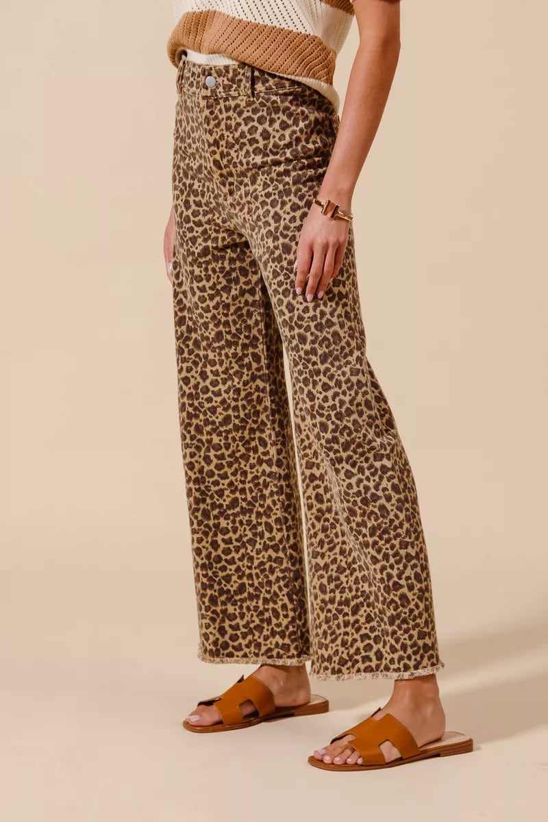SO ME Mid Rise Leopard Twill Frayed Hem Wide Leg Pants on Simply Obsessed