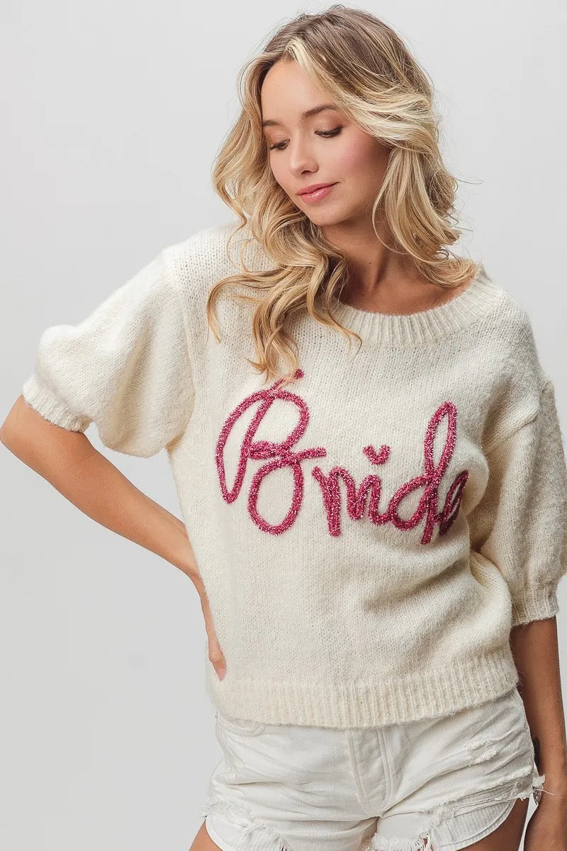 BIBI Metallic Letter Short Puff Sleeve Hairy Sweater on Simply Obsessed