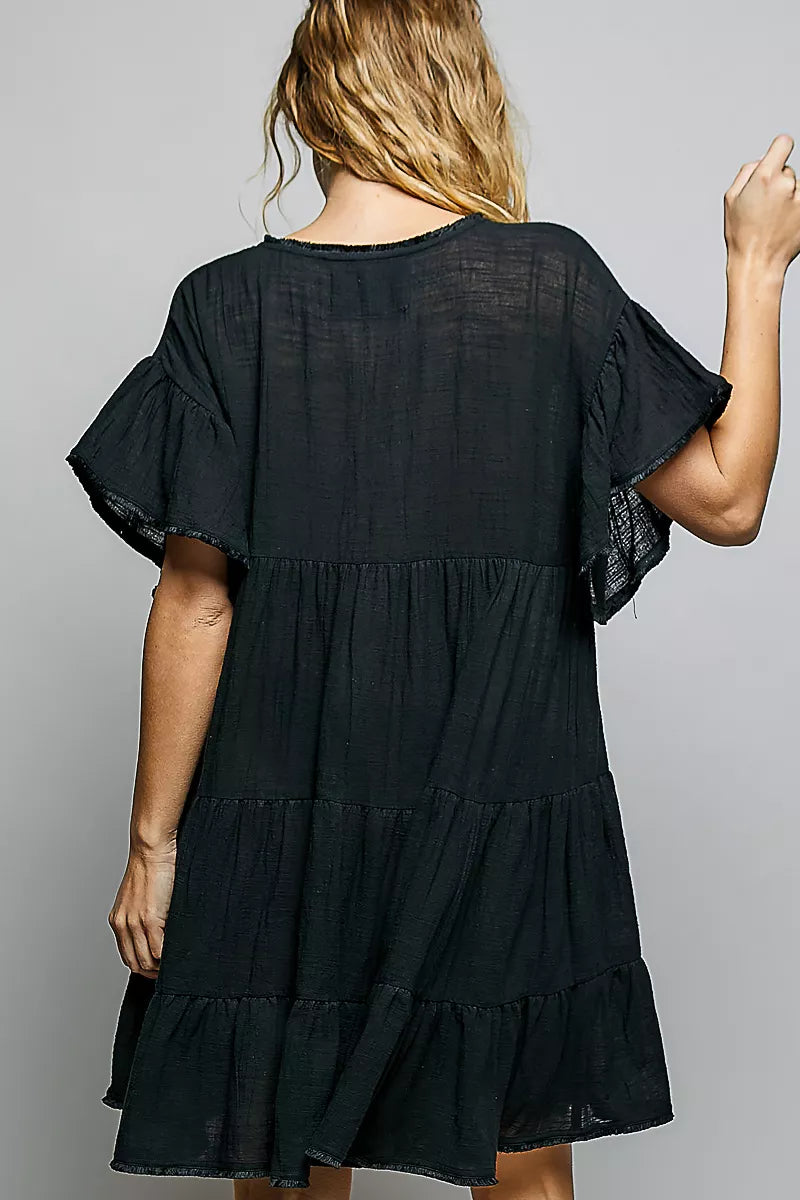 POL Ruffle Shirred V-Neck Short Sleeve Cotton Dress. **FALL DEBUT SALE** on Simply Obsessed