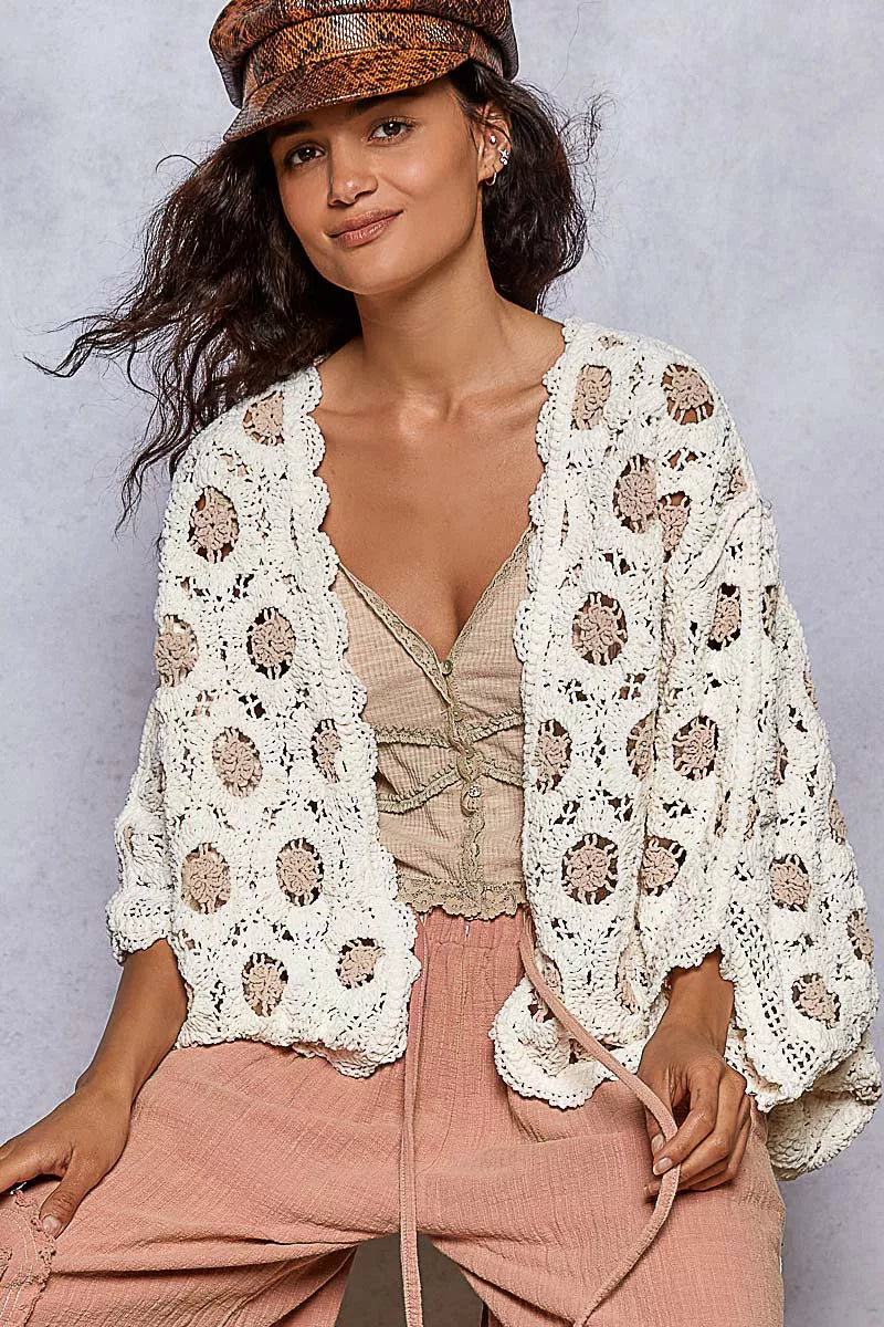 POL Openwork V-Neck Chenille Cardigan with Contrast Floral on Simply Obsessed