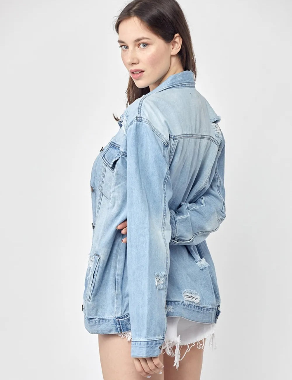RISEN Full Size Distressed Long Sleeve Denim Jacket Plus Size on Simply Obsessed