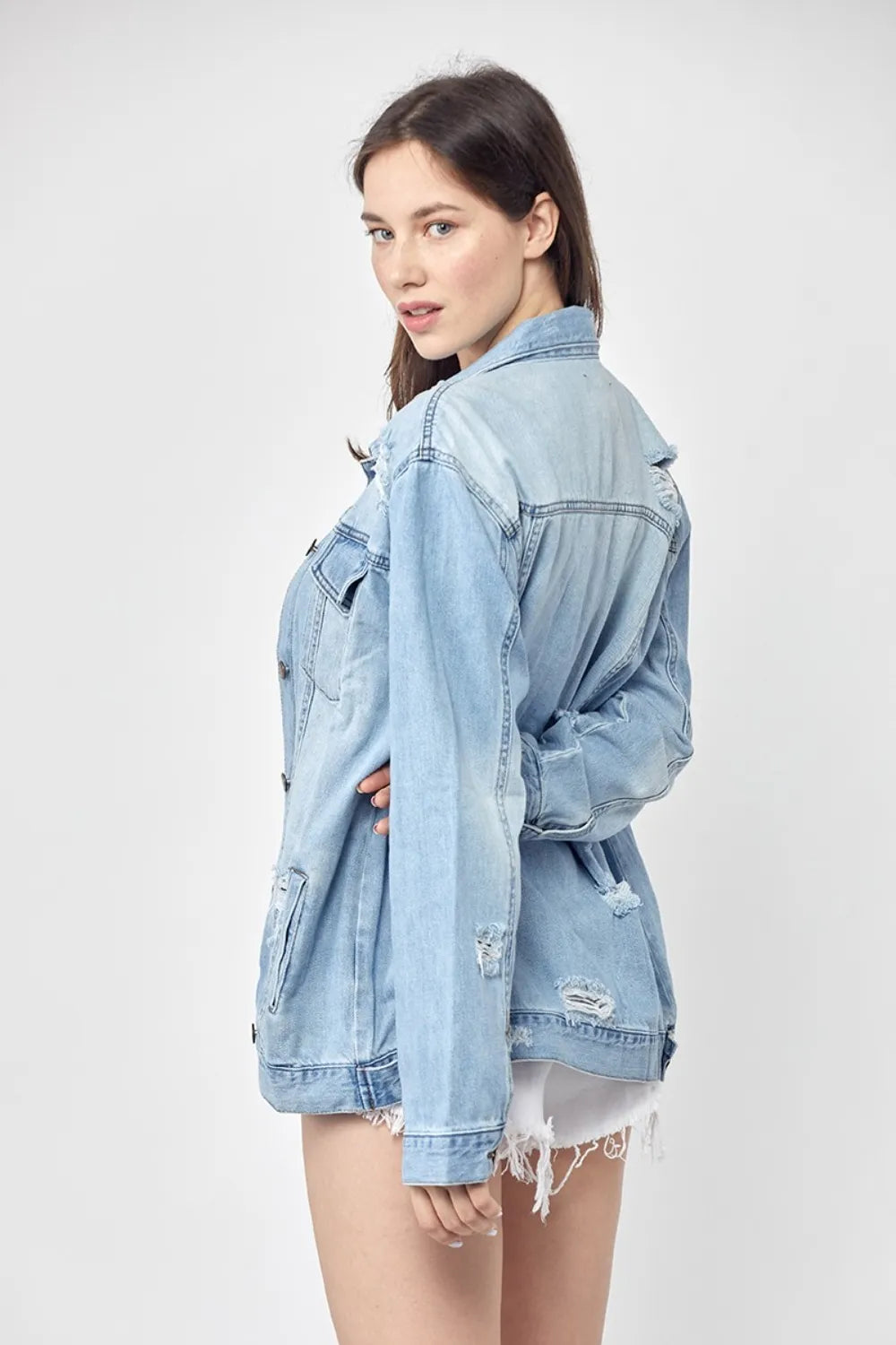 RISEN Full Size Distressed Long Sleeve Denim Jacket Plus Size on Simply Obsessed