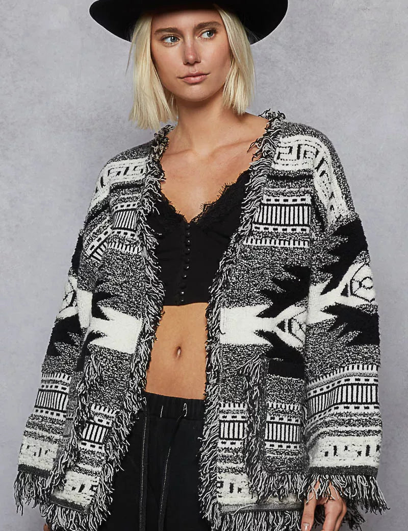 POL Open Front Geometric Print Cardigan with Fringe Detail on Simply Obsessed