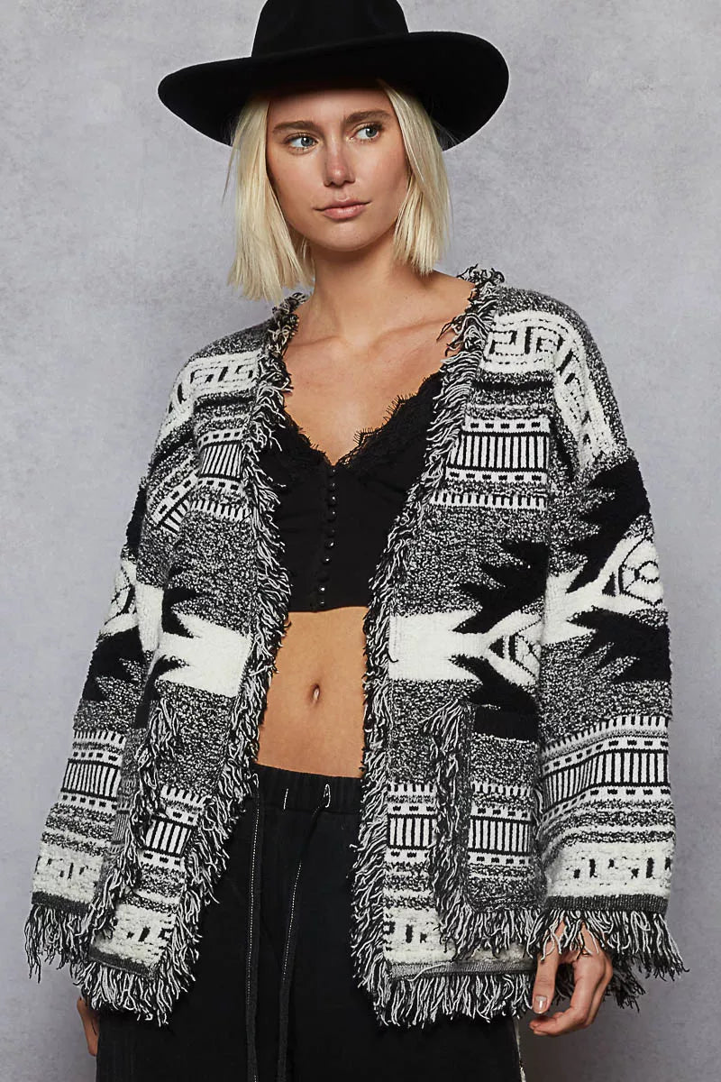 POL Open Front Geometric Print Cardigan with Fringe Detail on Simply Obsessed