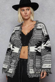 POL Open Front Geometric Print Cardigan with Fringe Detail on Simply Obsessed