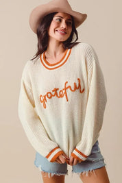 SO ME Thanksgiving Grateful Lettering Stitch Sweater on Simply Obsessed