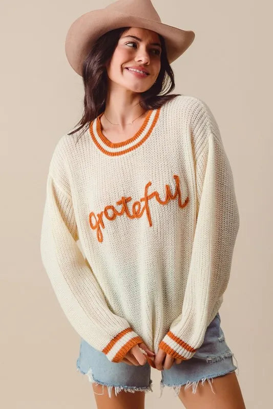 SO ME Thanksgiving Grateful Lettering Stitch Sweater on Simply Obsessed