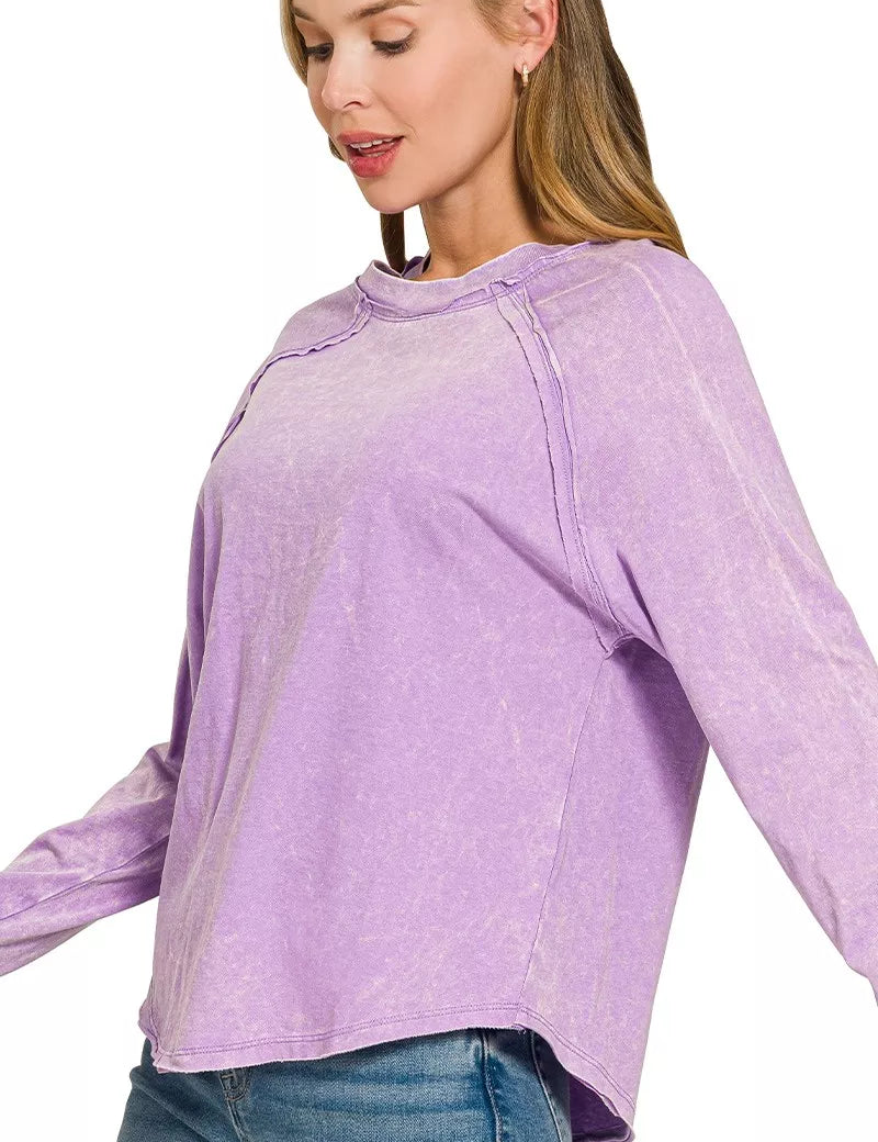 ZENANA Washed Round Neck Long Sleeve Top on Simply Obsessed