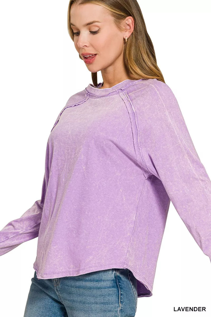 ZENANA Washed Round Neck Long Sleeve Top on Simply Obsessed