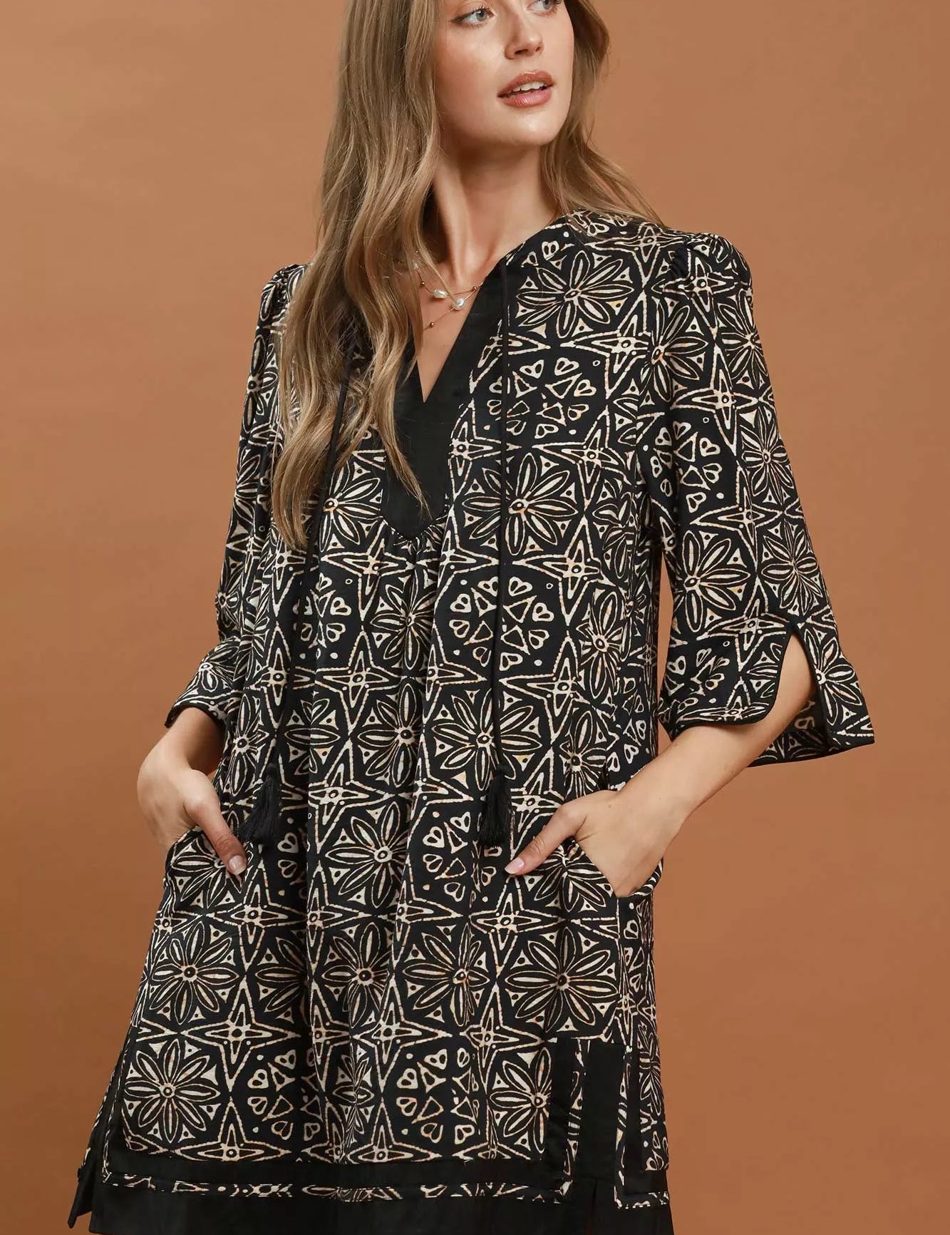 UMGEE Mix Geometric Print V-Neck Tassel Detail Tunic Dress **FALL DEBUT SALE** on Simply Obsessed
