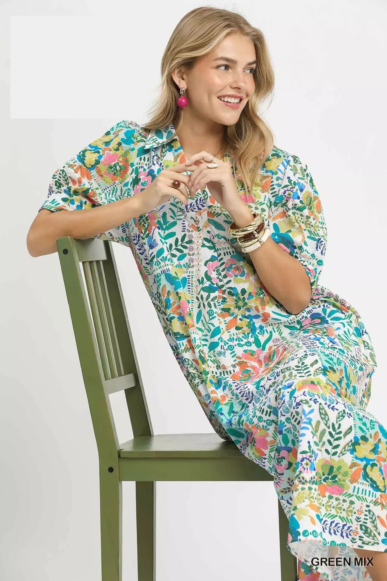 Umgee Folk Print Midi Dress with Side Pockets on Simply Obsessed