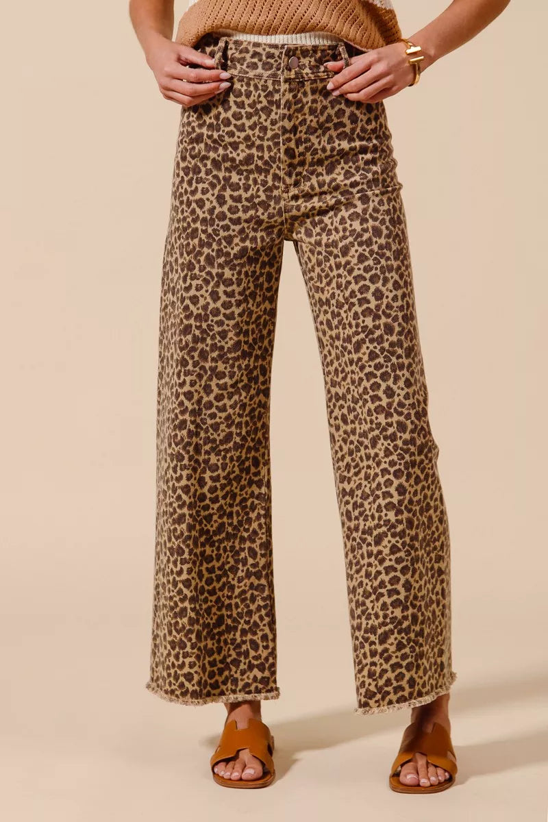 SO ME Mid Rise Leopard Twill Frayed Hem Wide Leg Pants on Simply Obsessed