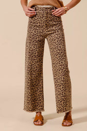 SO ME Mid Rise Leopard Twill Frayed Hem Wide Leg Pants on Simply Obsessed