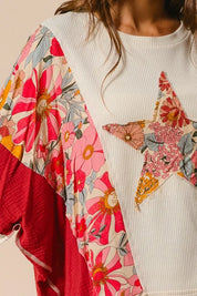 BIBI Floral Print Mixed Star Patch Round Neck Sweatshirt on Simply Obsessed
