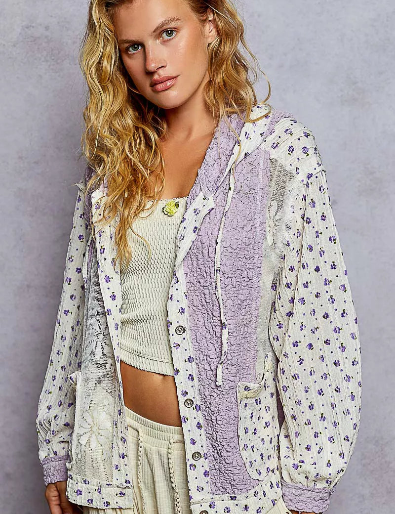 POL Floral Balloon Sleeve Hooded Lace Jacket with Stitch Detail on Simply Obsessed