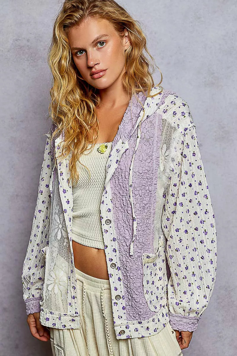 POL Floral Balloon Sleeve Hooded Lace Jacket with Stitch Detail on Simply Obsessed