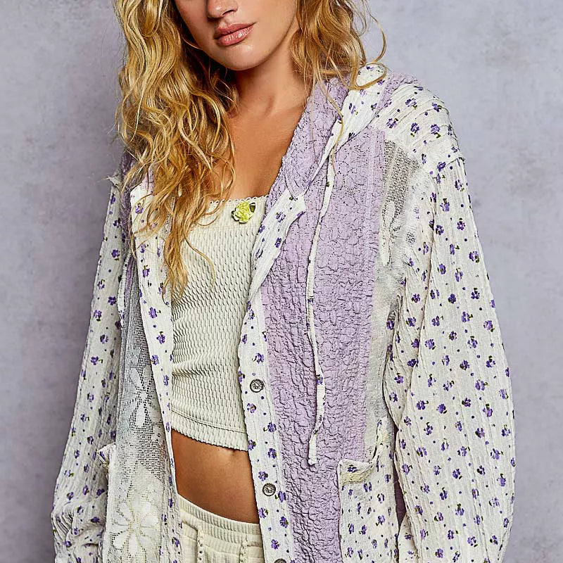 POL Floral Balloon Sleeve Hooded Lace Jacket with Stitch Detail on Simply Obsessed