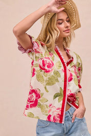 BiBi Floral Printed Woven Contrast Edge Ruffled Blouse on Simply Obsessed