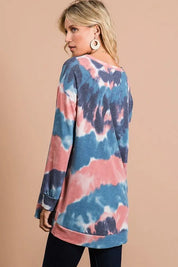 BiBi Tie Dye French Terry Pull Over with Front Stitching Detail on Simply Obsessed