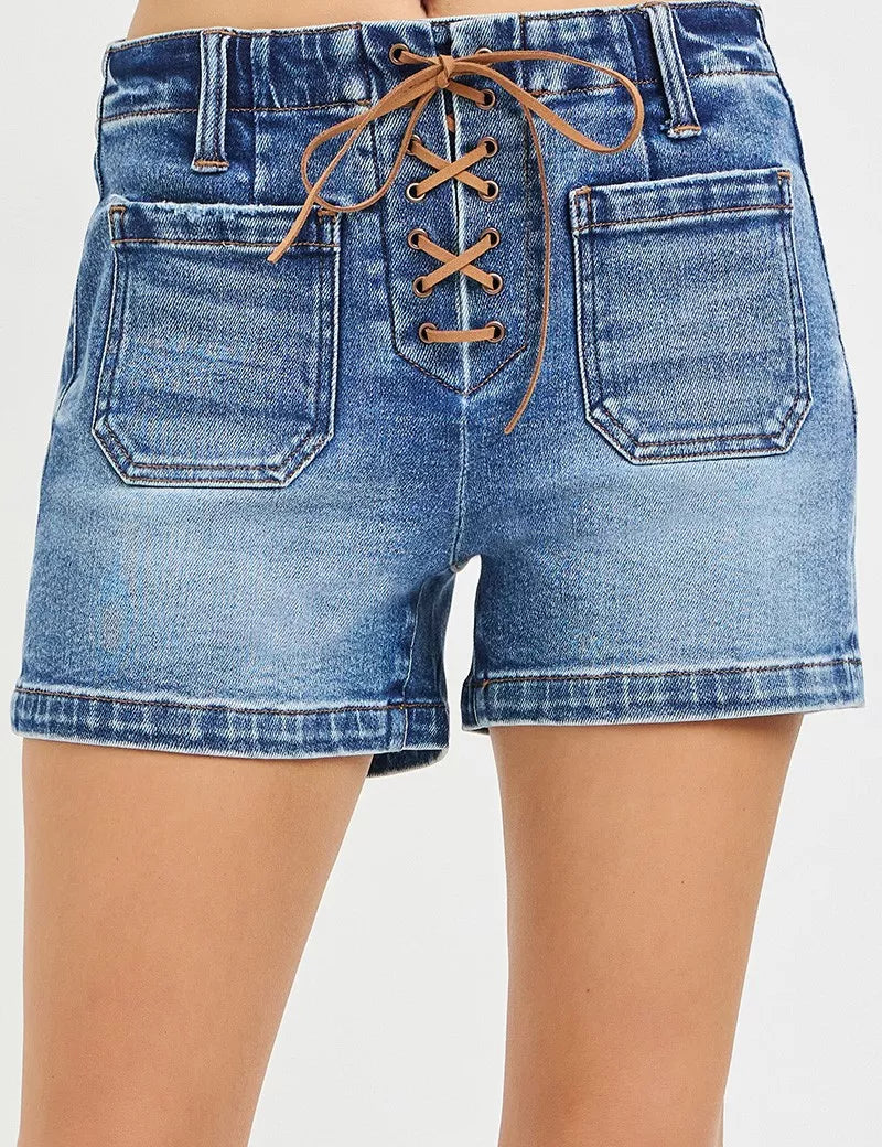 RISEN High Rise Front Tie Up Shorts with Patch Pockets on Simply Obsessed