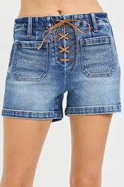 RISEN High Rise Front Tie Up Shorts with Patch Pockets on Simply Obsessed