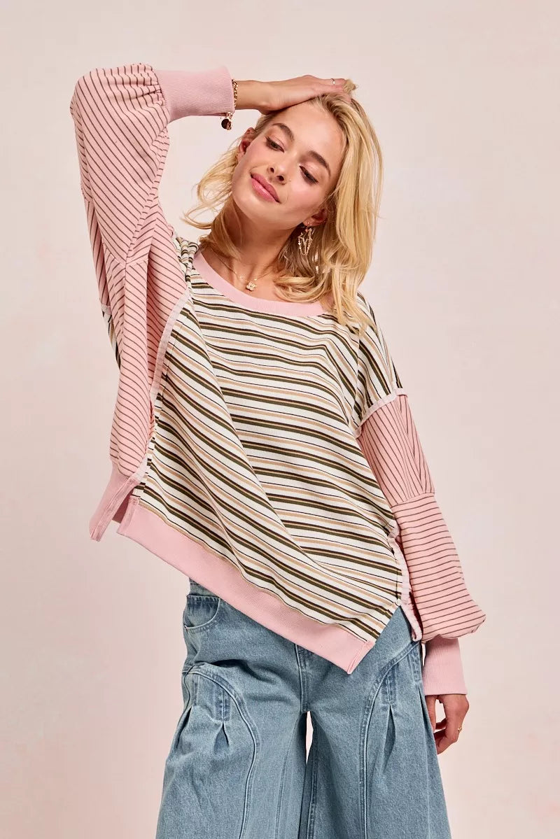 BIBI Stripe Mixed Top With Cut Edge And Reverse Outseam on Simply Obsessed