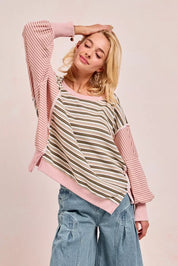 BIBI Stripe Mixed Top With Cut Edge And Reverse Outseam on Simply Obsessed