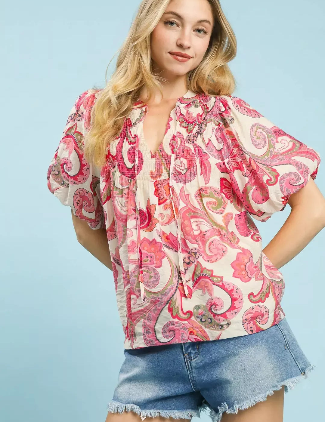 UMGEE Mix Paisley Print Peasant Top with Tie Neck **DEBUT SALE** on Simply Obsessed